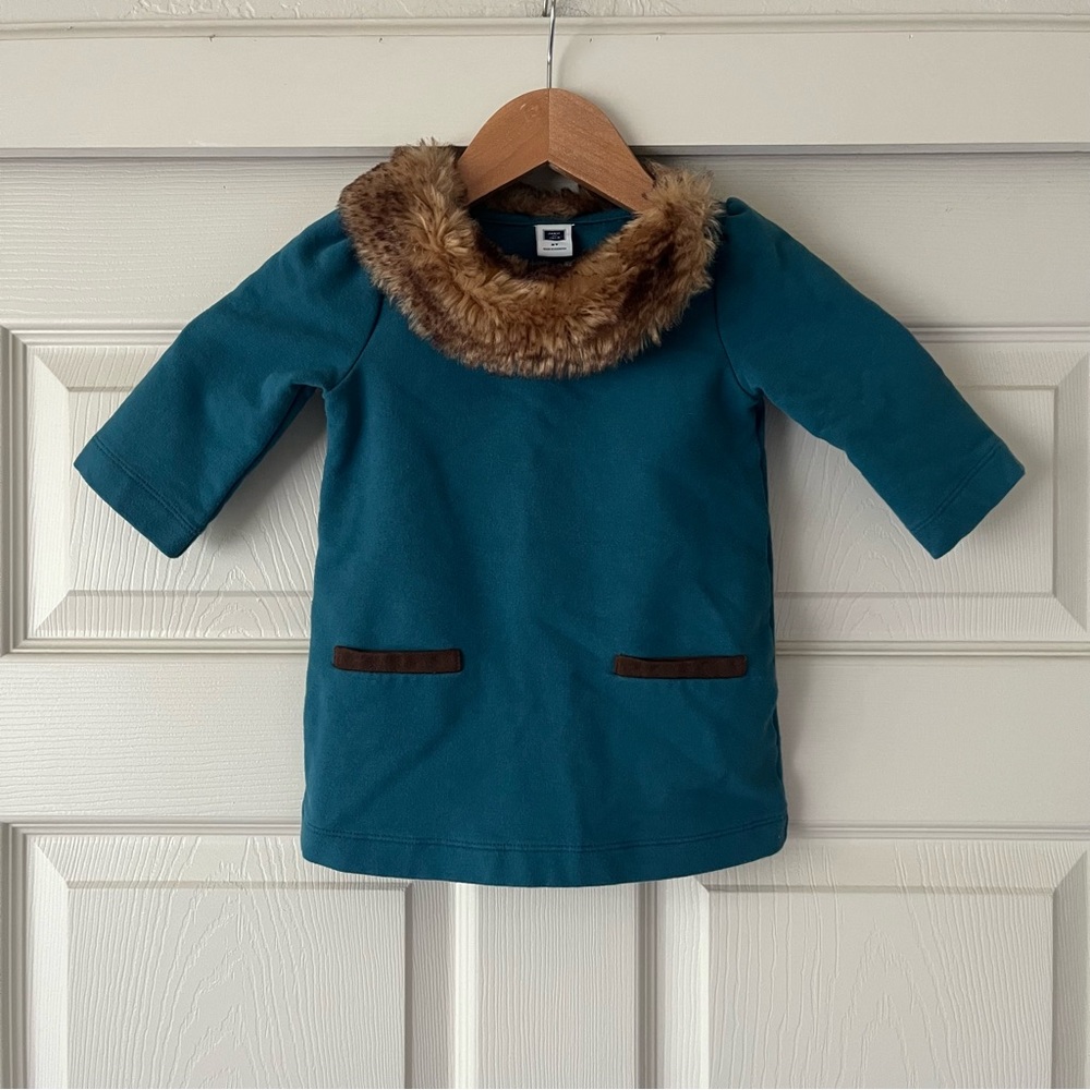 Janie and Jack Teal Dress with Brown Faux Fur Collar